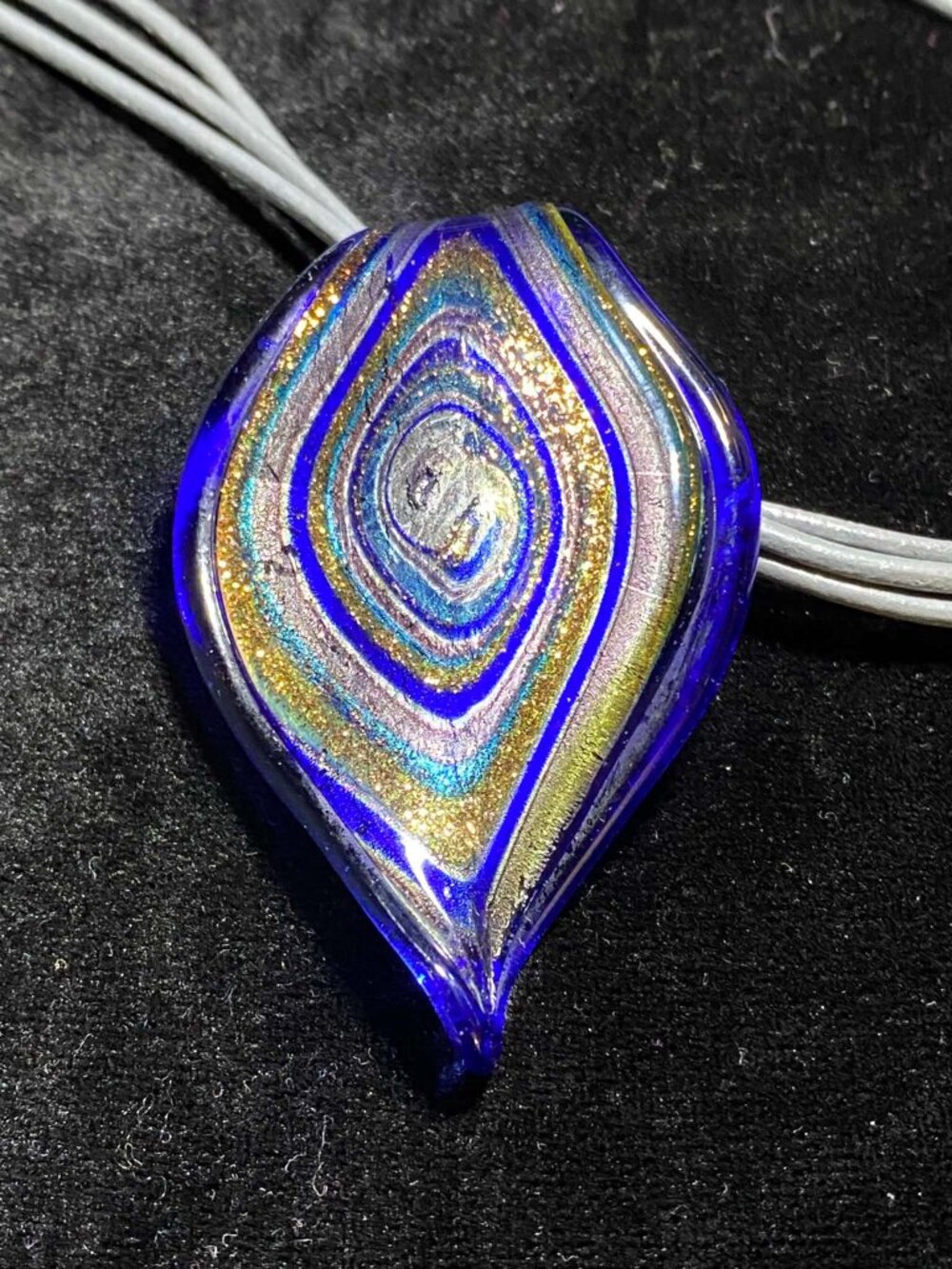 Vintage Murano Inspired Peacock Feather Blue Gold Glass Pendant Rope Necklace
